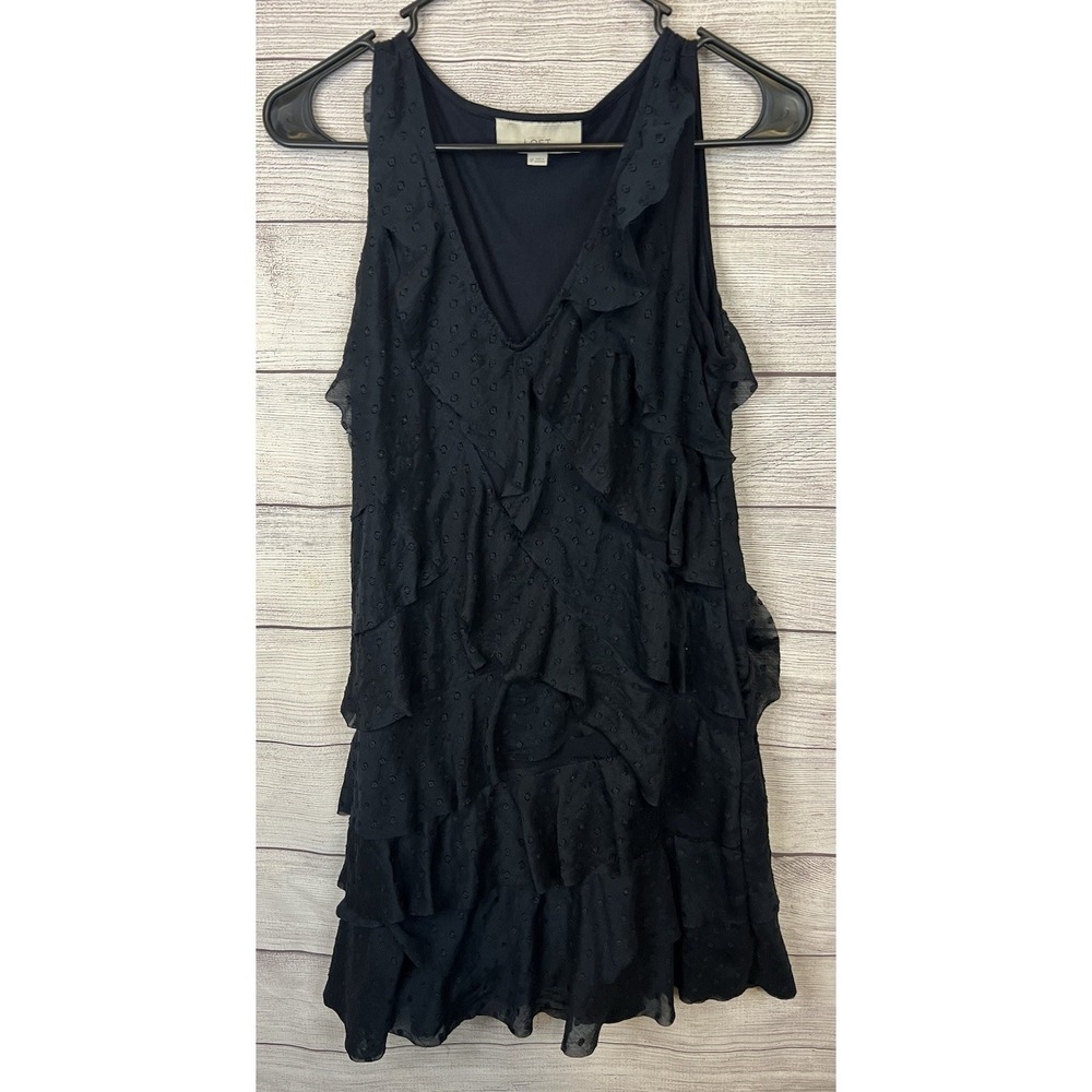 LOFT Petite Small Black Ruffle Dress Sleeveless Swiss Dot Layered Mini